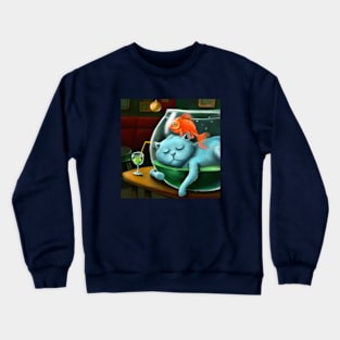 Blue Cat Sleeps Between Dimensions and Leaves Goldfish Homeless Crewneck Sweatshirt